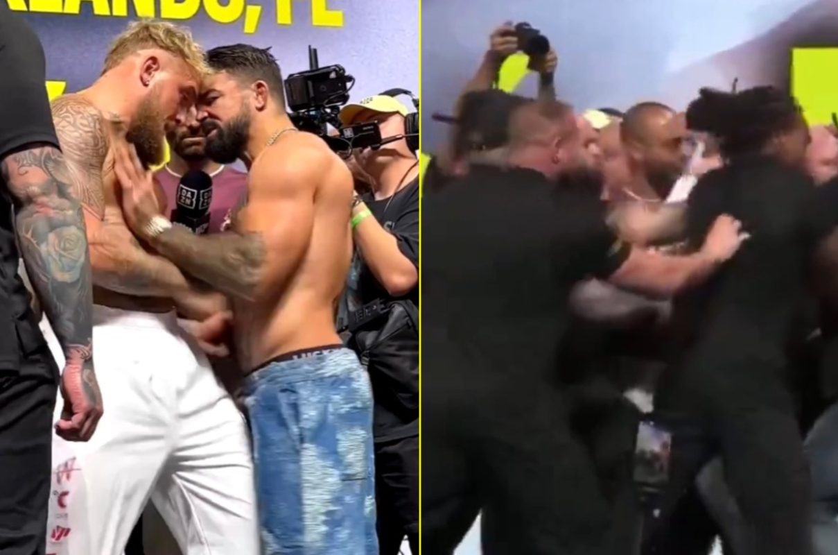 ‘Face first’ – Jake Paul shoves Mike Perry as final face-off descends into chaos with security pulling pair apart