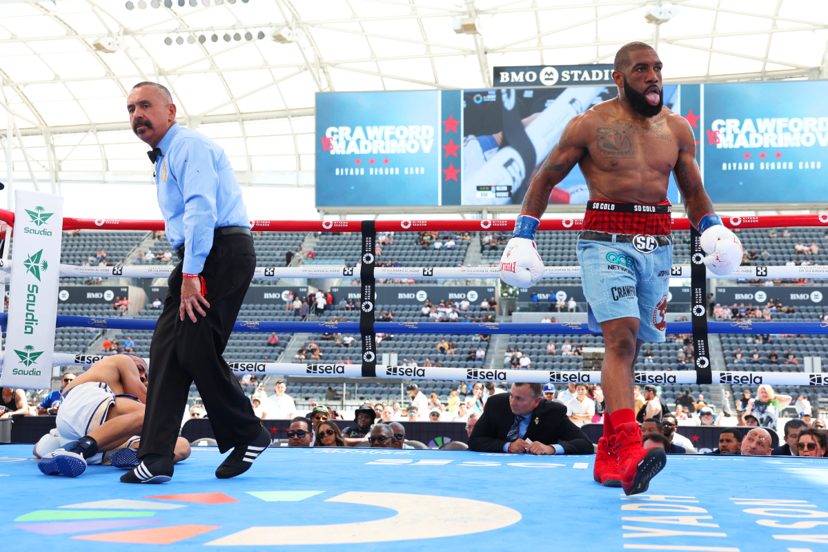 Terence Crawford’s gym mate KOs opponent on his undercard while wearing ‘jean shorts’ boxing trunks inspired by Tupac Shakur